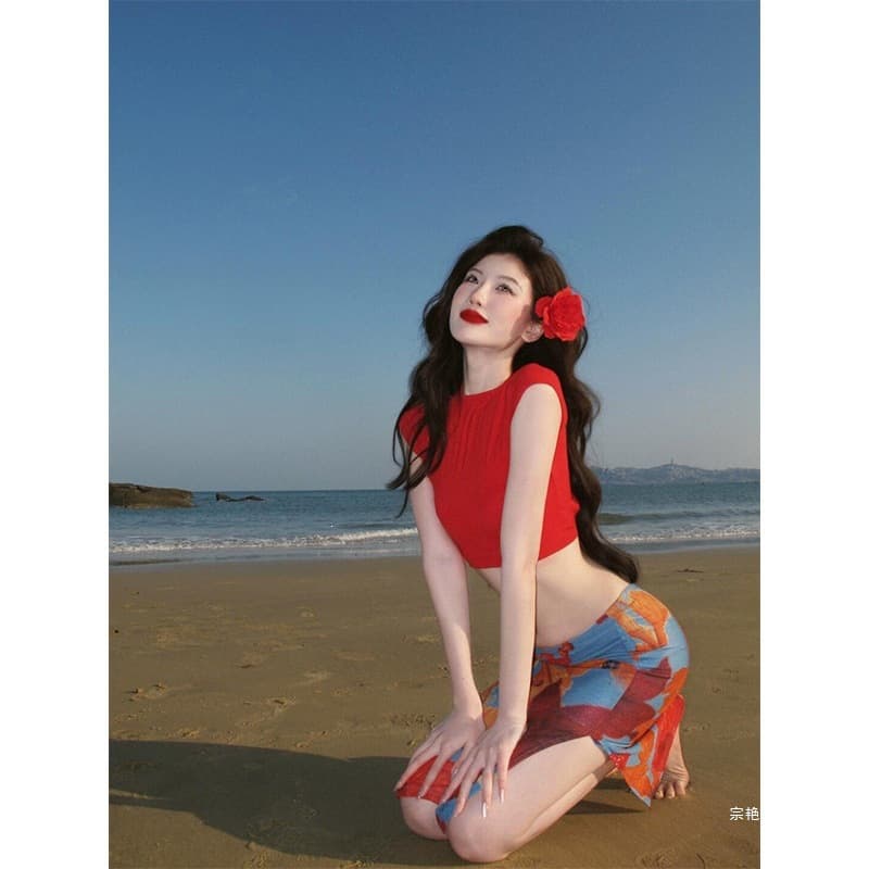 Summer Beach Resort Sensual Slim Fit Printed Skirt Slit Backless Short Top Hot Girl Set for Women