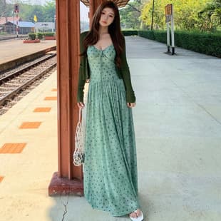 Sexy Polka Dot Camisole Deep V-Neck Tie Dress Women Summer Elegant Draped Backless Swing Dress Vacation Maxi Dress