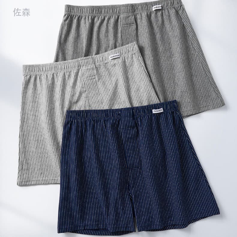 Men's Cotton Striped Boxer Briefs, Breathable Loose Fit Sleep Shorts, Xinjiang Long-Staple Cotton, Flat-Leg Briefs