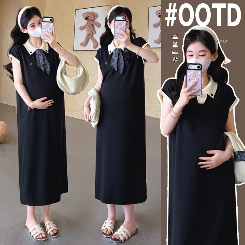 Maternity Dress 2026 New Spring/Autumn Turn-down Collar Pregnancy Wear POLO Mid-length Dress High-end Spring Style