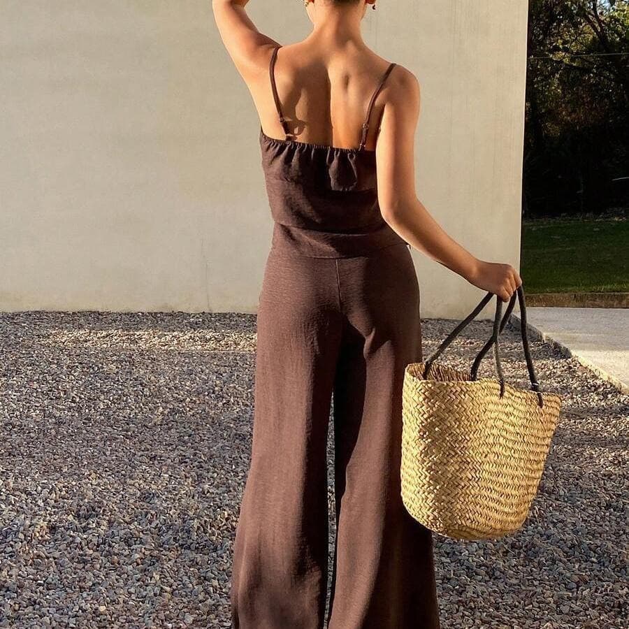 European and American New Style Women's Fashionable and Elegant Slim-Fit Brown Suspender Wide-Leg Pants Two-Piece Set