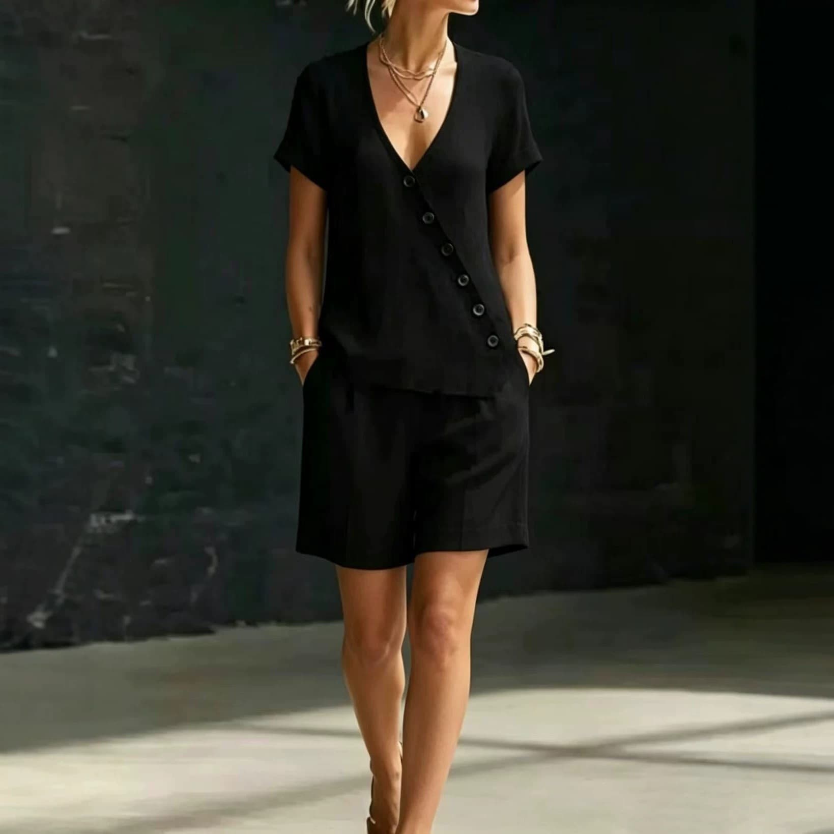 2026 Spring/Summer New Women's Wear, European and American Cross-Border Minimalist Chic Cotton Linen V-Neck Diagonal Button Shirt and Wide-Leg Pants Two-Piece Set
