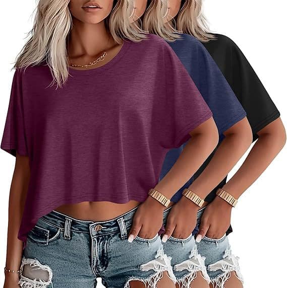 Amazon 3-Pack Short-Sleeve Crop Top Round Neck Batwing Women's Loose T-Shirt Hot Girl