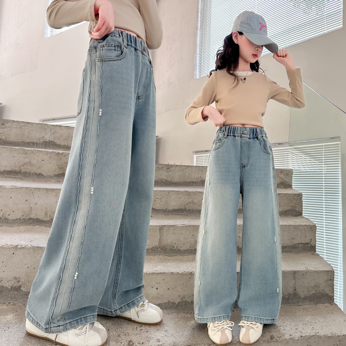 Girls spring and autumn trousers 2026 new straight-leg wide-leg pants for junior high school students, super nice blue jeans for junior high school students