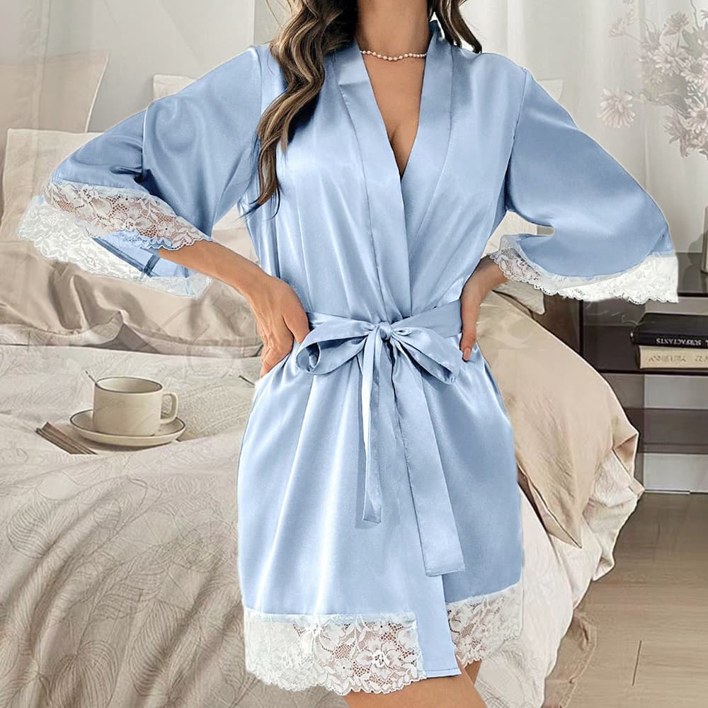 New Hot-Selling Women's Plus Size Lace Trim Mid-Sleeve Morning Robe Sleepwear European American Casual Tie-Front Robe