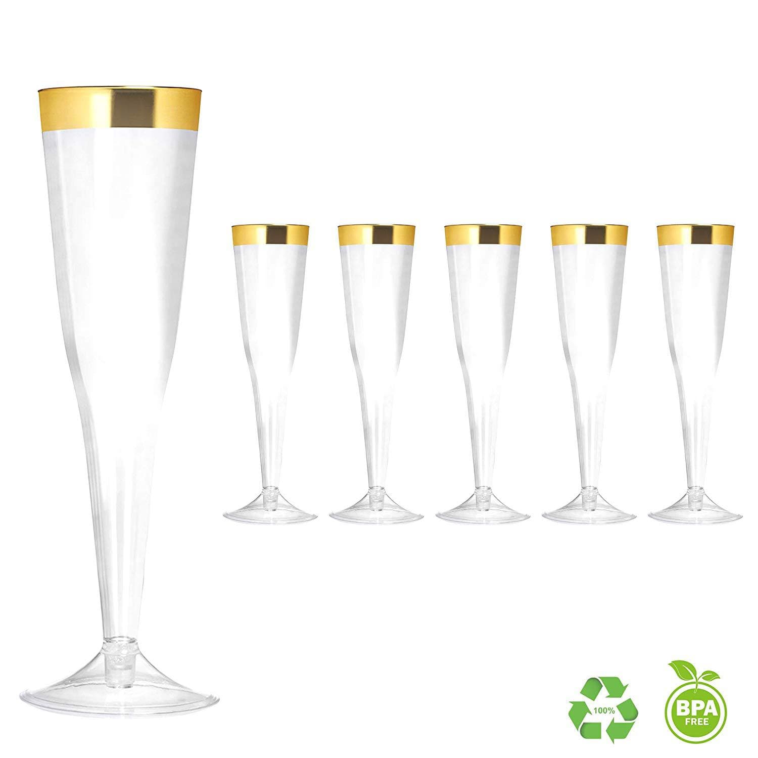 4.5oz Plastic Disposable Champagne Glasses - Wholesale and Retail - Transparent Champagne Glasses with Gold Rimmed Edges