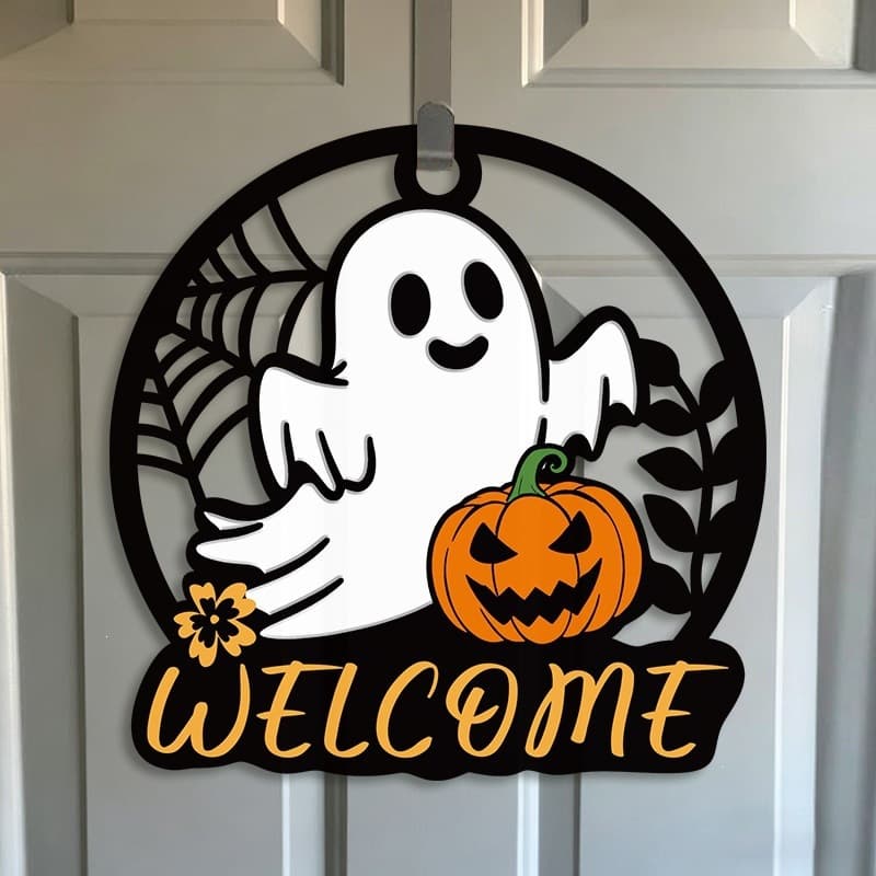 Cross-border Halloween Round Hollow Board Ghost Pumpkin Wooden Hanging Sign Festival Party Welcome Door Hanger Wall Decoration