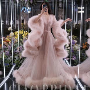 Nine-Tailed Fox Bride Morning Robe High-End Wedding Pink White Luxurious Swan Feather Nightgown Chinese Two-Piece Set