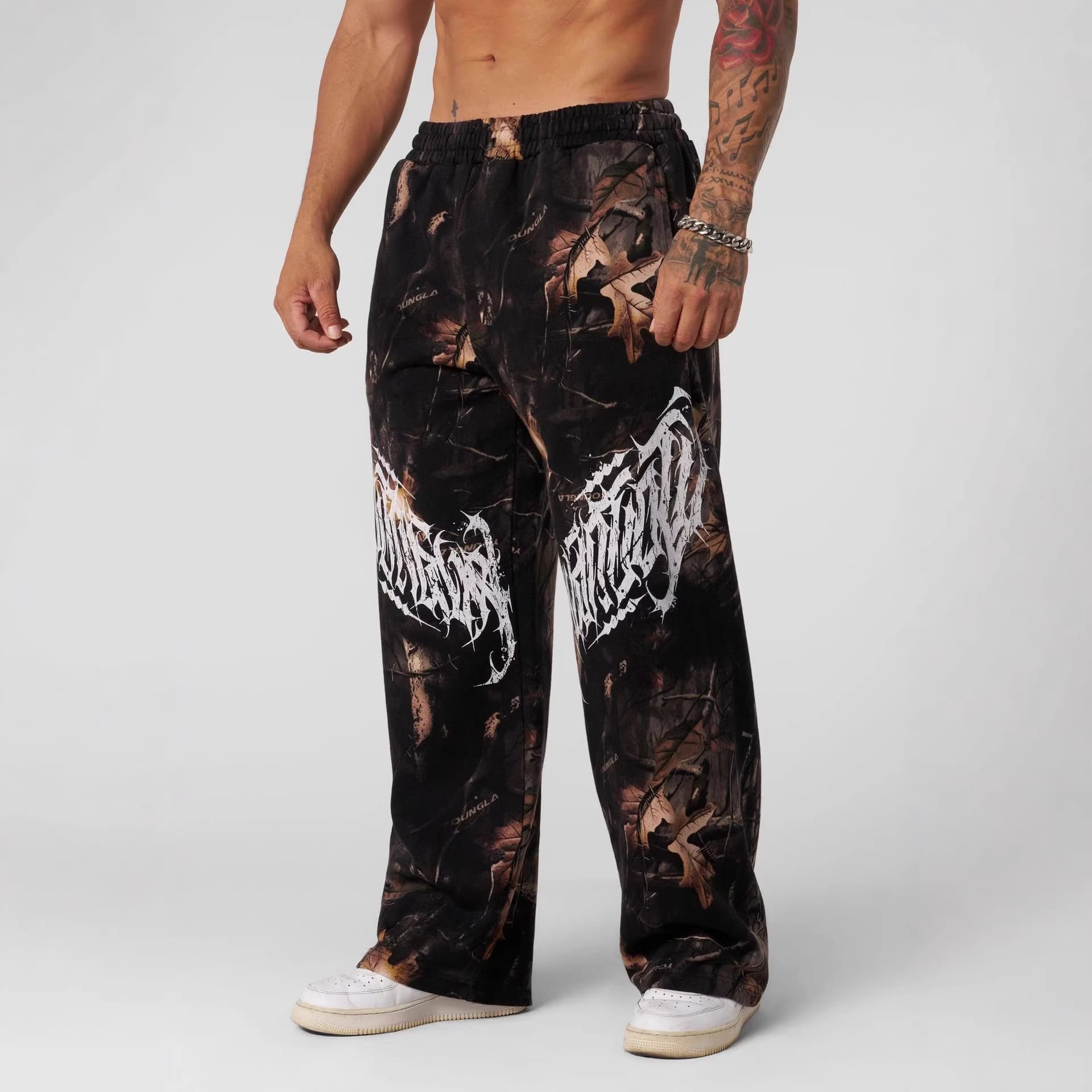 YOUNGLA American Style Sweatpants Leaf Camo Print Straight-Leg Casual Pants Loose Sports Outdoor Wide-Leg Trousers