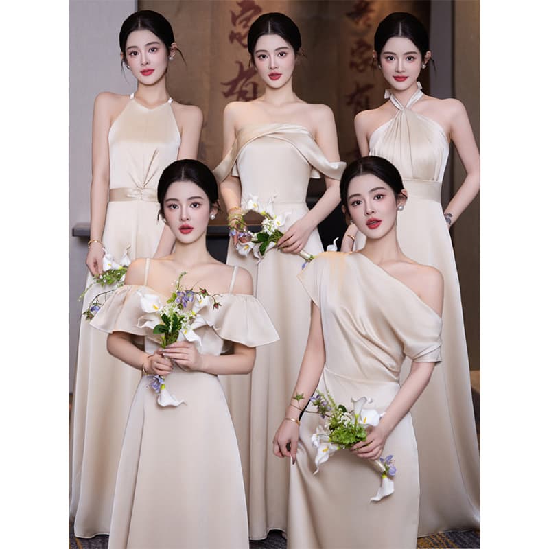 Champagne Satin Bridesmaid Dress 2026 New Style Engagement Party Gown for Women Elegant Sister Dress Wearable for Daily Use
