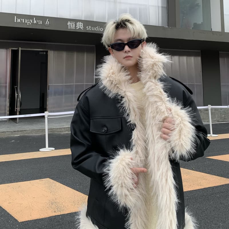 Winter New Style Fleece-Lined Thickened Fur Collar Leather Jacket Single