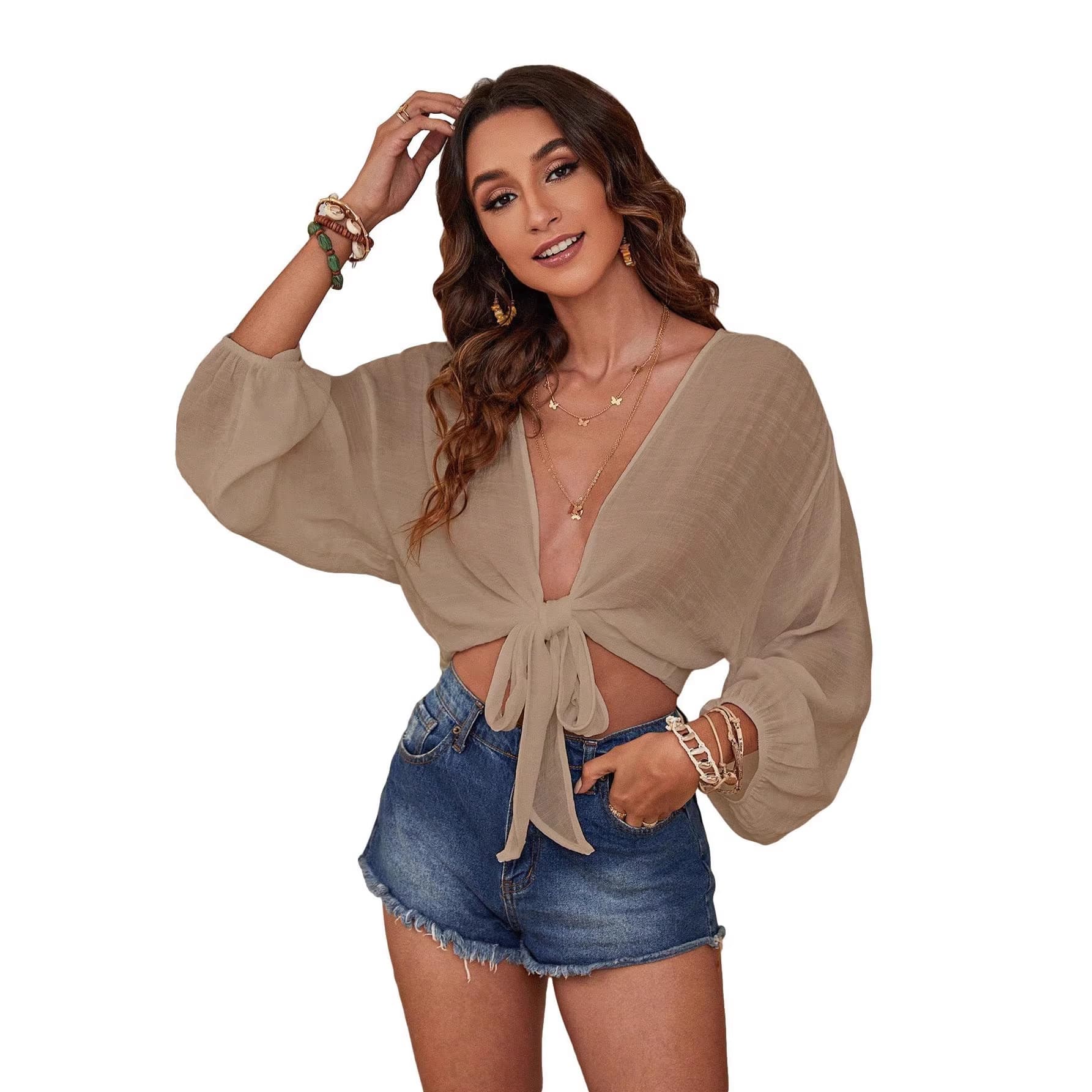 2026 Beach Cover-Up Sexy Bikini Vacation Style Women's Cotton Linen Tie-Dye Hollow Cardigan Sun Protection UPF50+