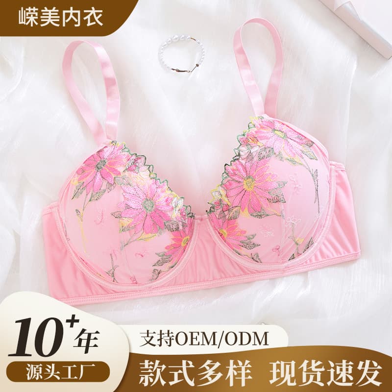 Cross-Border European and American Sexy Lingerie, Plus Size Pink Floral Bra, Thin Mesh Push-Up Lingerie Bra