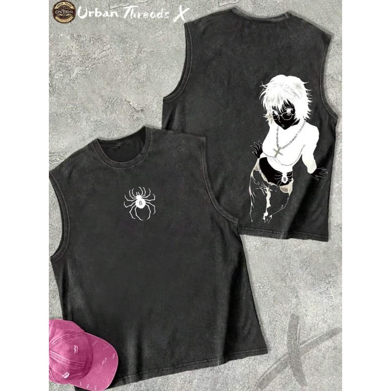 Cotton Washed Crew Neck Tank Top, Anime Character Art Print