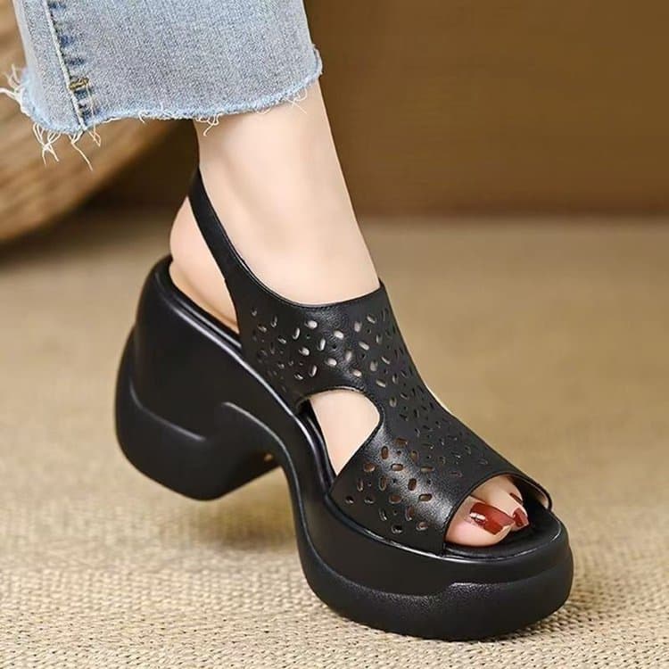 Soft Leather Thick Sole Roman Sandals for Women 2026 New Style Summer Chunky Heel Hollow Breathable Soft Sole Buckle Strap Women's Sandals
