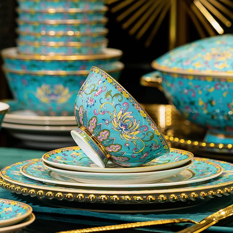 Enamel-Painted Jingdezhen High-End Bowl Plate Dish Court Style Chinese Bone China Rice Bowl Household Club Hotel Tableware