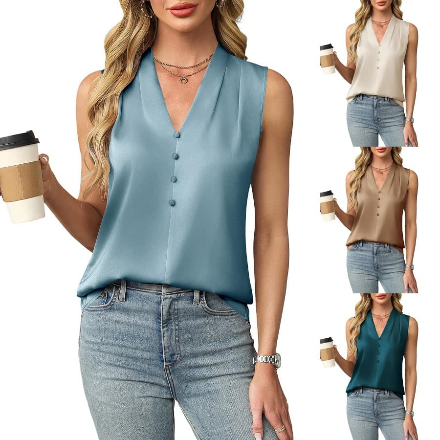 2025 European and American cross-border women's clothing, Amazon Spring/Summer new style elegant satin button V-neck sleeveless top, in stock.