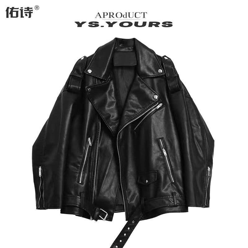 Vintage Black Biker Leather Jacket for Women Fall New Arrival American High Street Design Loose Fit Coat