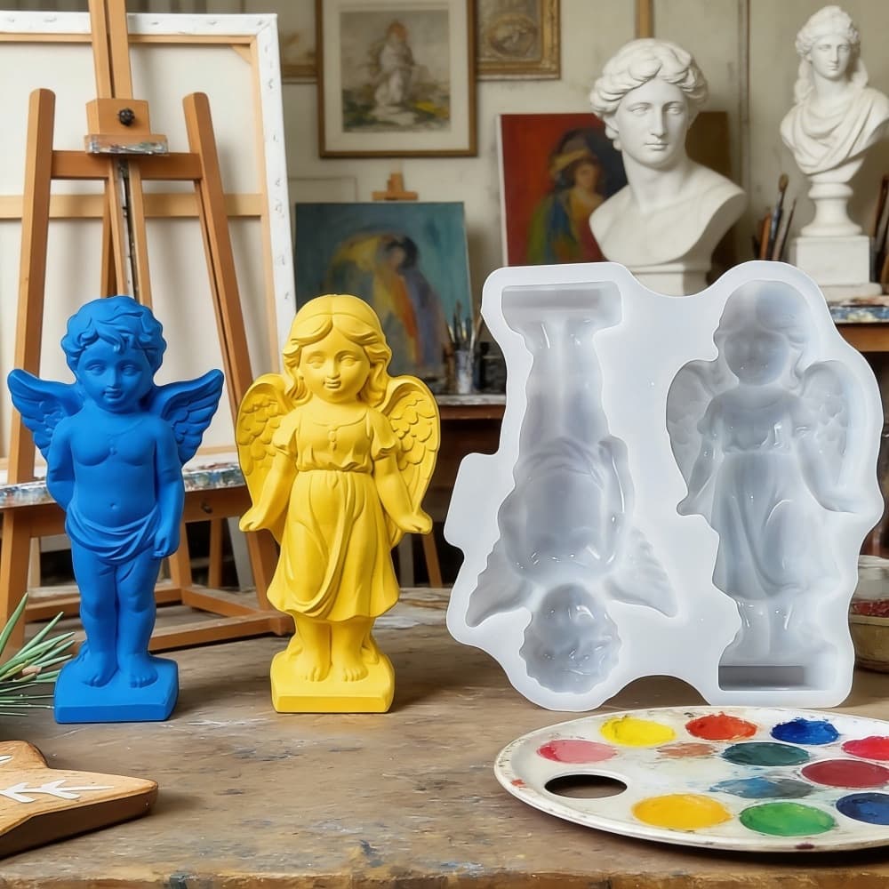 S2679+S2680 Semi-3D Angel Boy and Girl Figurine Decoration Cement Plaster Mold DIY Silicone Mold