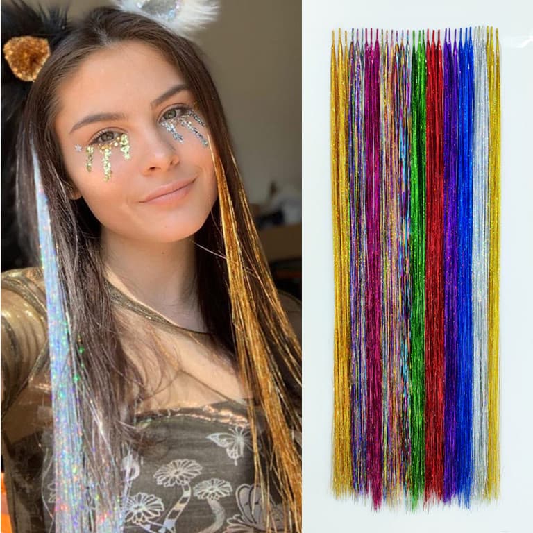 Cross-border Hair Extension Wholesale Colorful Laser Lollipop Hair Extension Sheets Gold Thread Fake Hair Feather Hair Extension Factory Stock