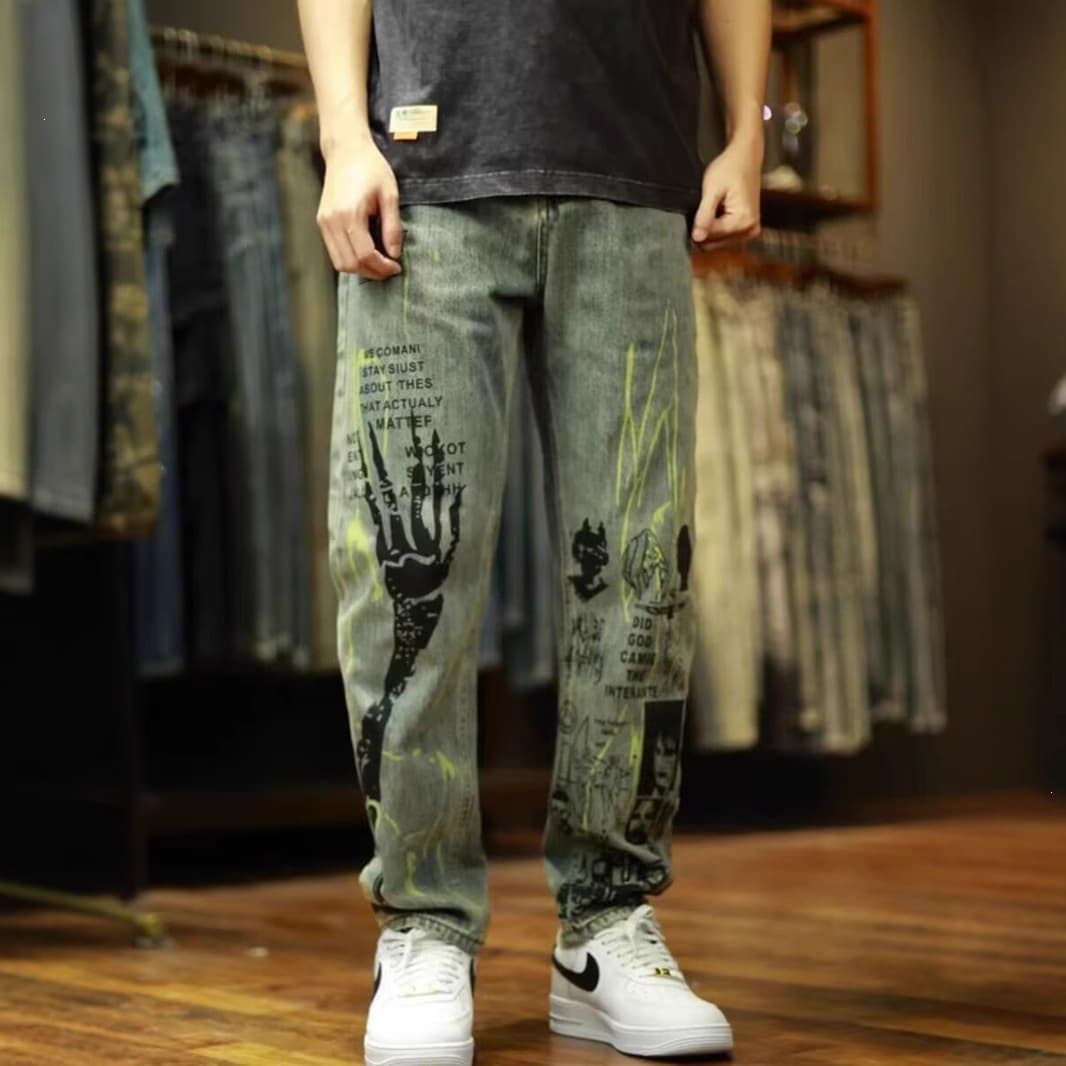 American retro graffiti denim trousers for men 2026 spring and autumn new straight high street casual and versatile trousers
