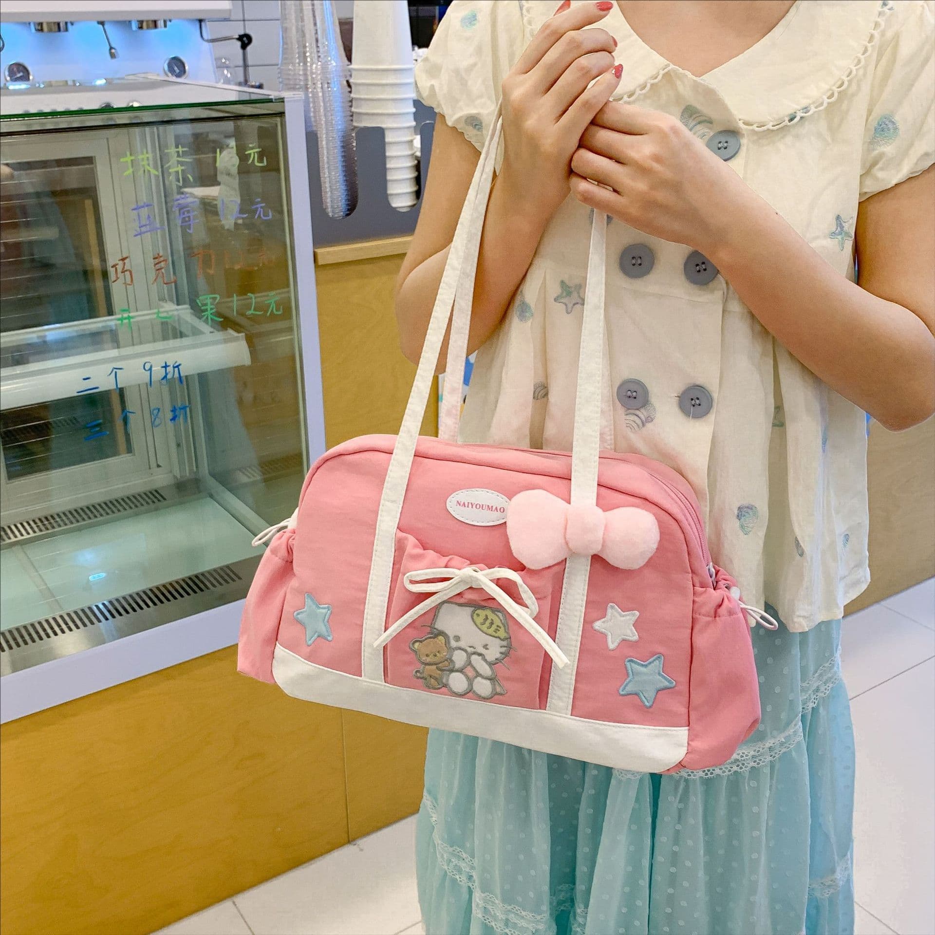 Japanese cute cat embroidered handbag star embellished large capacity backpack girl campus commuter shoulder bag