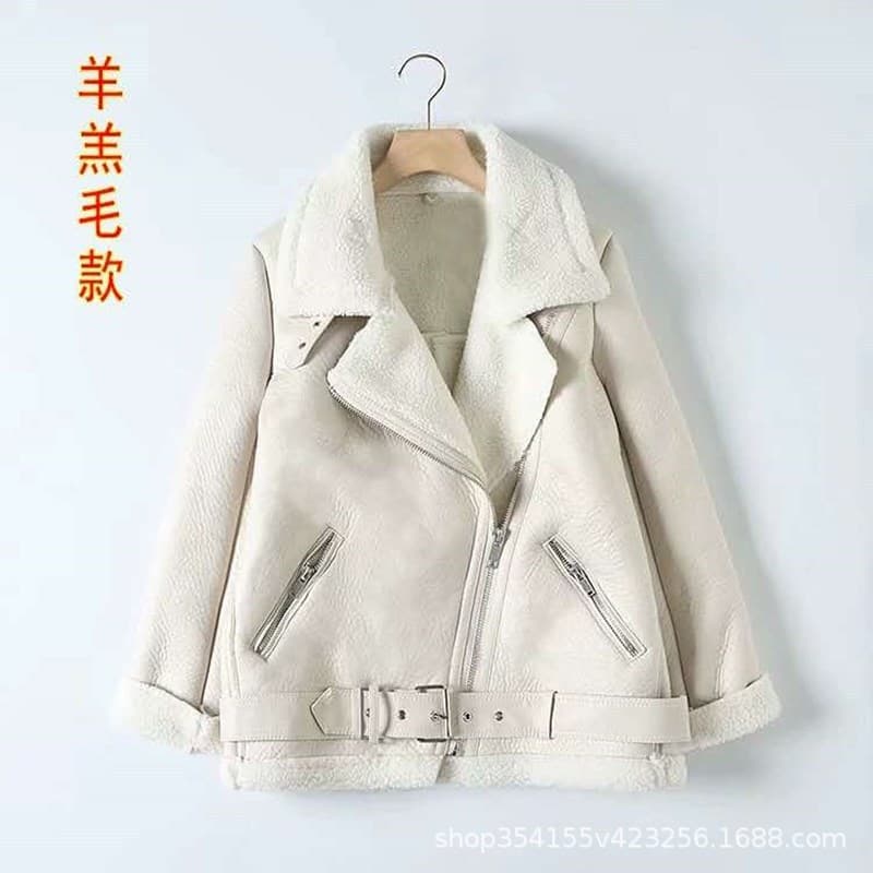 Women's Faux Leather Fur Lined Thickened Biker Jacket Autumn Winter Original Skin Hair Integrated Warm Long Sleeve Coat