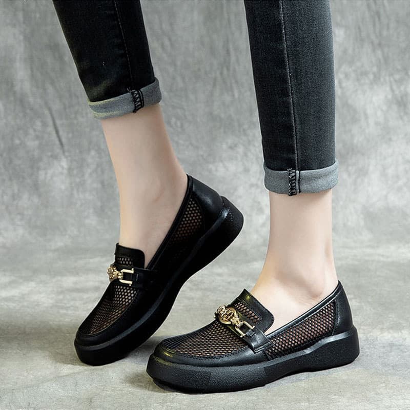 Flat Mesh Single Shoes for Women Summer New Breathable Hollow Mesh Loafers Top Layer Cowhide Soft Sole Loafers