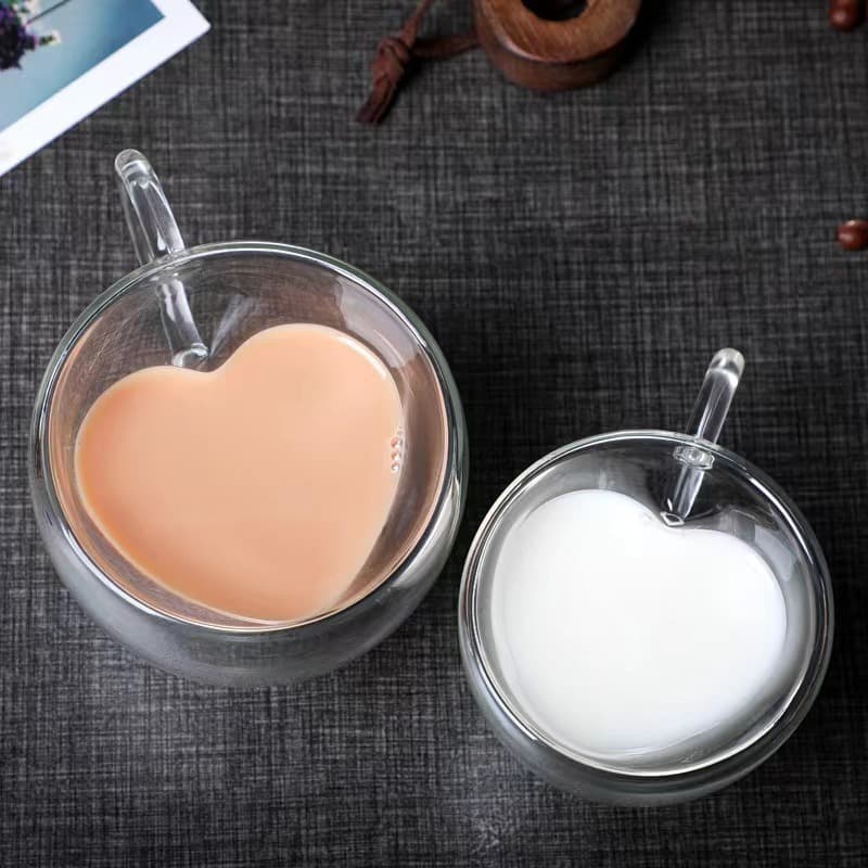 Creative Heart Shaped Glass Cup Double Layered Heat Resistant Milk Juice Cup Transparent Design with Handle Cute Home Use