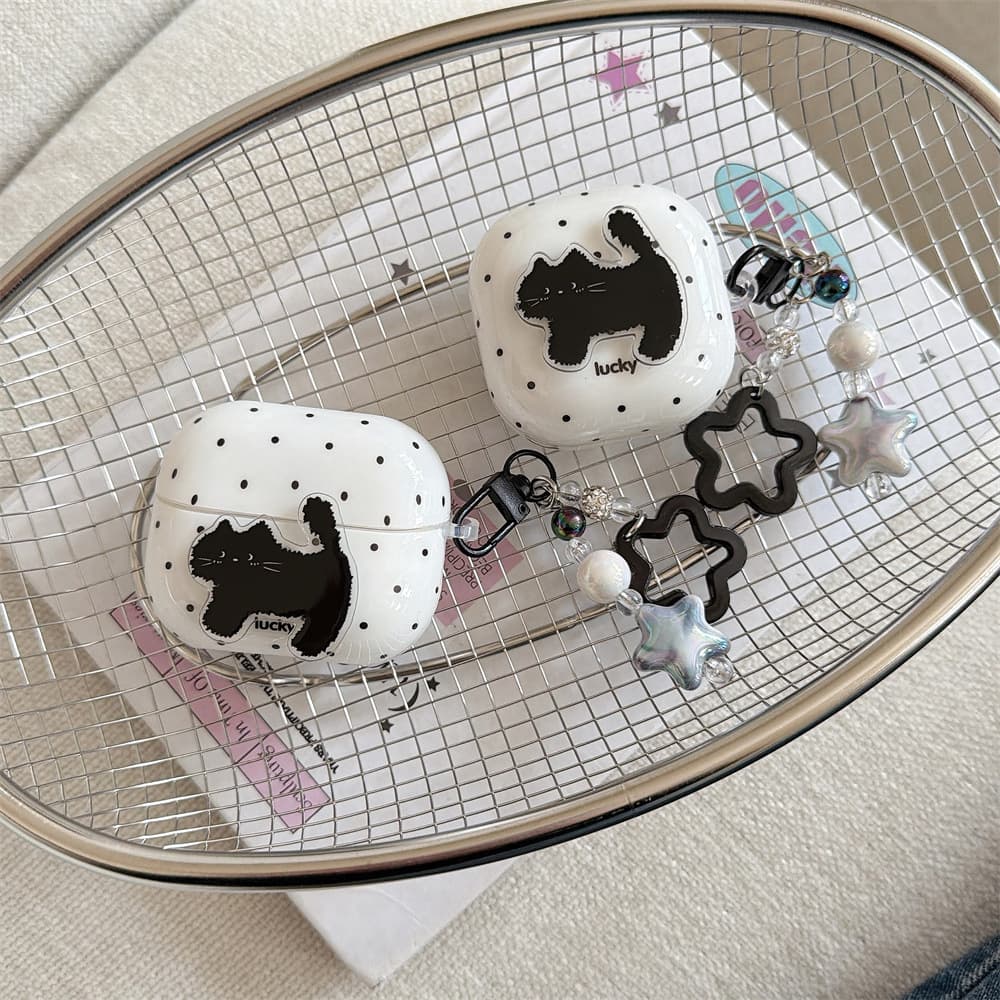 Samsung Buds3PRO Polka Dot Black Cat Earphone Case Compatible with Huawei FreeClip Cartoon Pendant Buds6i