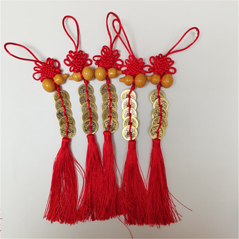 Wholesale from Manufacturer: Peach Wood Gourd with Pure Copper Five Emperor Coins Pendant, Small Chinese Knot Imitation Copper Coin Creative Car Hanging Ornament