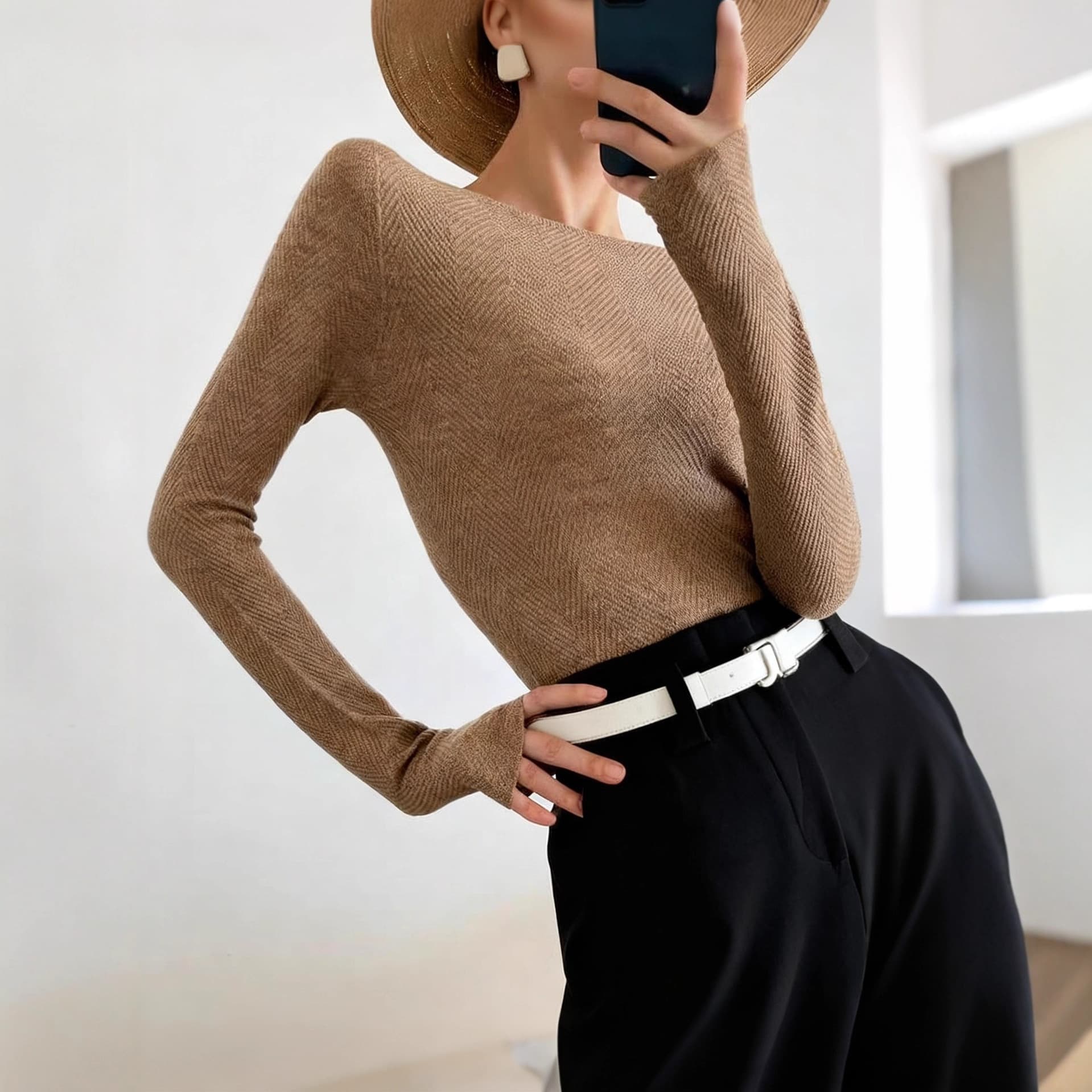 【Fishbone Pattern Long Sleeve】Shima Seiki seamless boat neck round neck Yangzi yarn 100% wool knitwear women's spring base layer