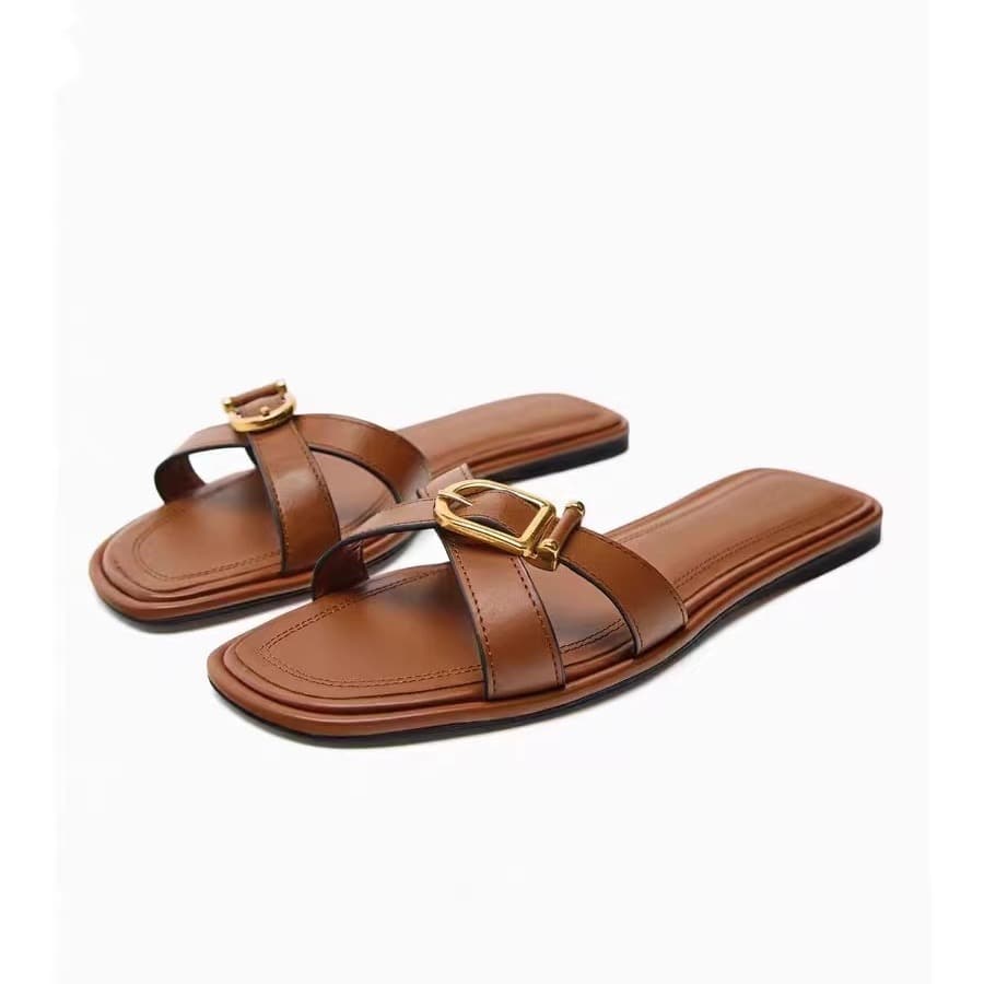 2024 Summer New Women's Brown Cross-Strap Flat Sandals Fashion Versatile Sexy Slide Sandals