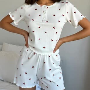 Cross-Border 2026 Summer New Ruffle Hem Shorts Short Sleeve Ribbed Cherry Print Casual Sleepwear Set Women