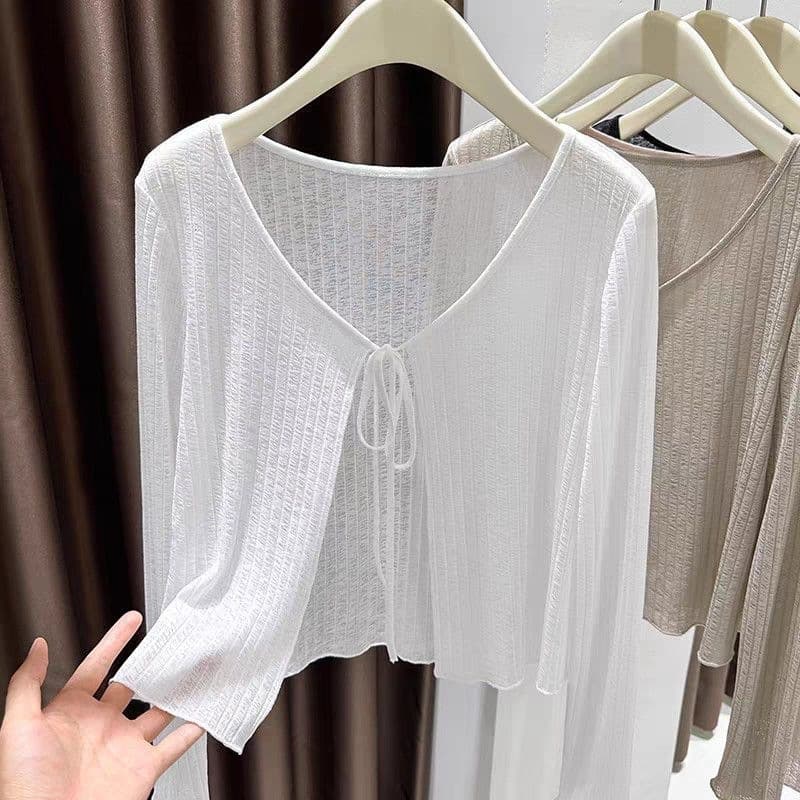 Korean Lace Ruffle Sun Protection Cardigan Women's Tie Shoulder Summer White Outerwear Ice Silk Breathable Cover-Up Top