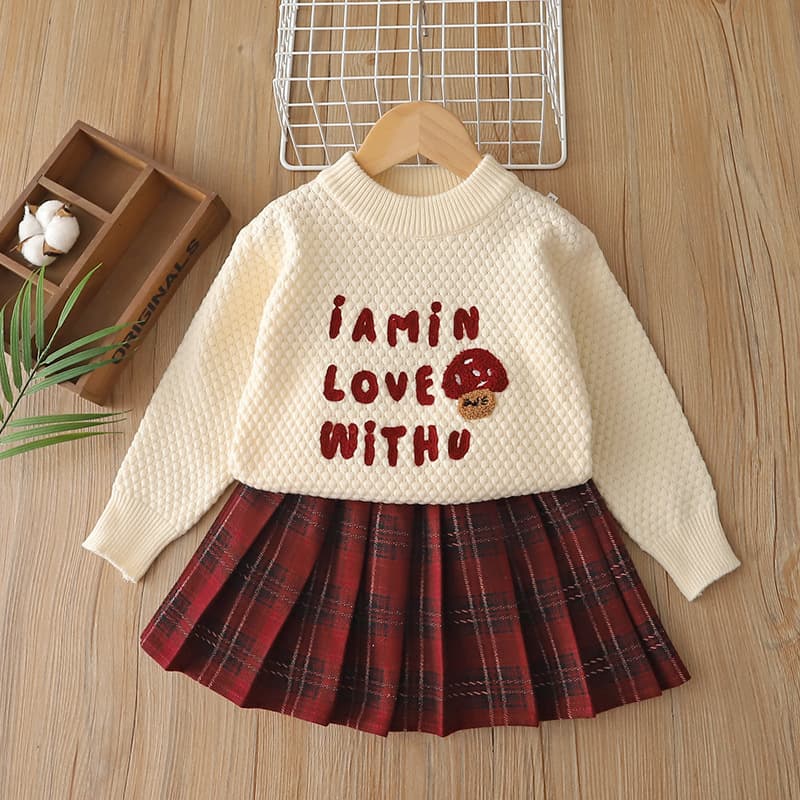 2026 Fall/Winter Girls Knit Sweater Set, Stylish Two-Piece Outfit for Girls, Top and Pleated Skirt, Korean Style, Red