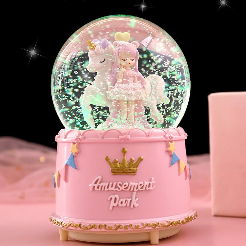 Large crystal ball automatically falling snow cartoon Trojan horse ornaments creative music box for children birthday gift music box
