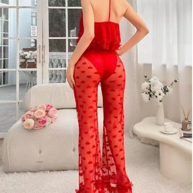European and American Cross-border Sexy Lingerie Heart Print Pajama Set with Pants, Sheer Sexy Costume for Stage Wear