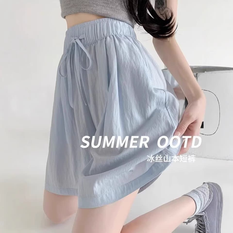 Blue Ice Silk Yamamoto Shorts for Women 2025 Summer New High-Waist Casual Loose-Fitting Mid-Length Sports Shorts