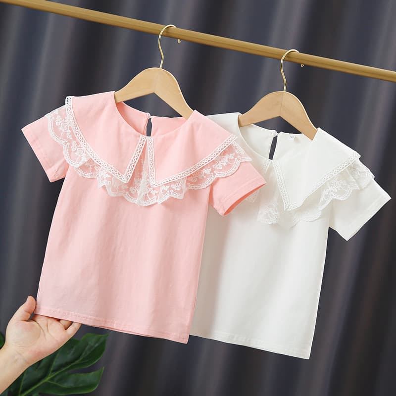 Girls' Cotton Short Sleeve T-Shirt with Peter Pan Collar, Mid-Large Size, Summer New Style, Half Sleeve Princess Trendy Top, Soft Finish