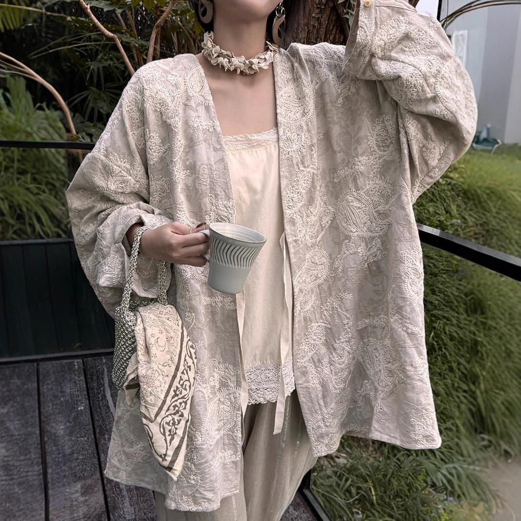 2026 Spring Jacket Jacquard Full Embroidery Elegant Women's Coat High-End Tie Waist Loose Oversized Cardigan C0448