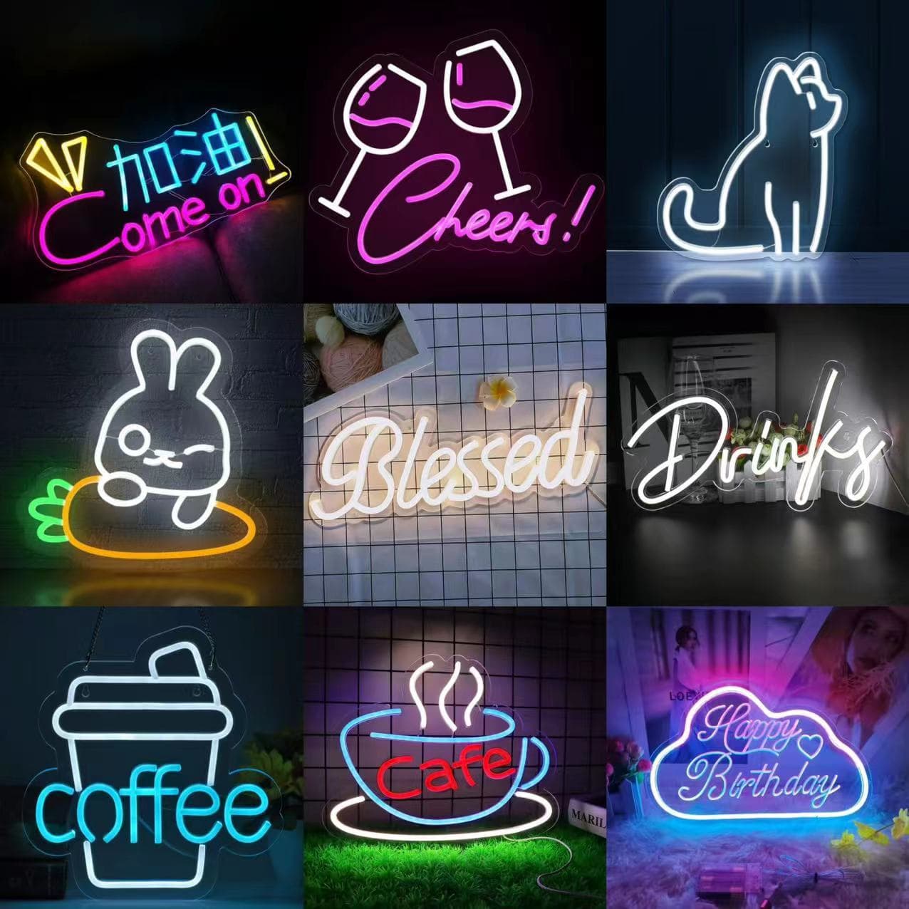 Amazon LED Neon Sign Board Ins Happy Birthday Cat Poker Decorative Light Coffee Bar Atmosphere Light