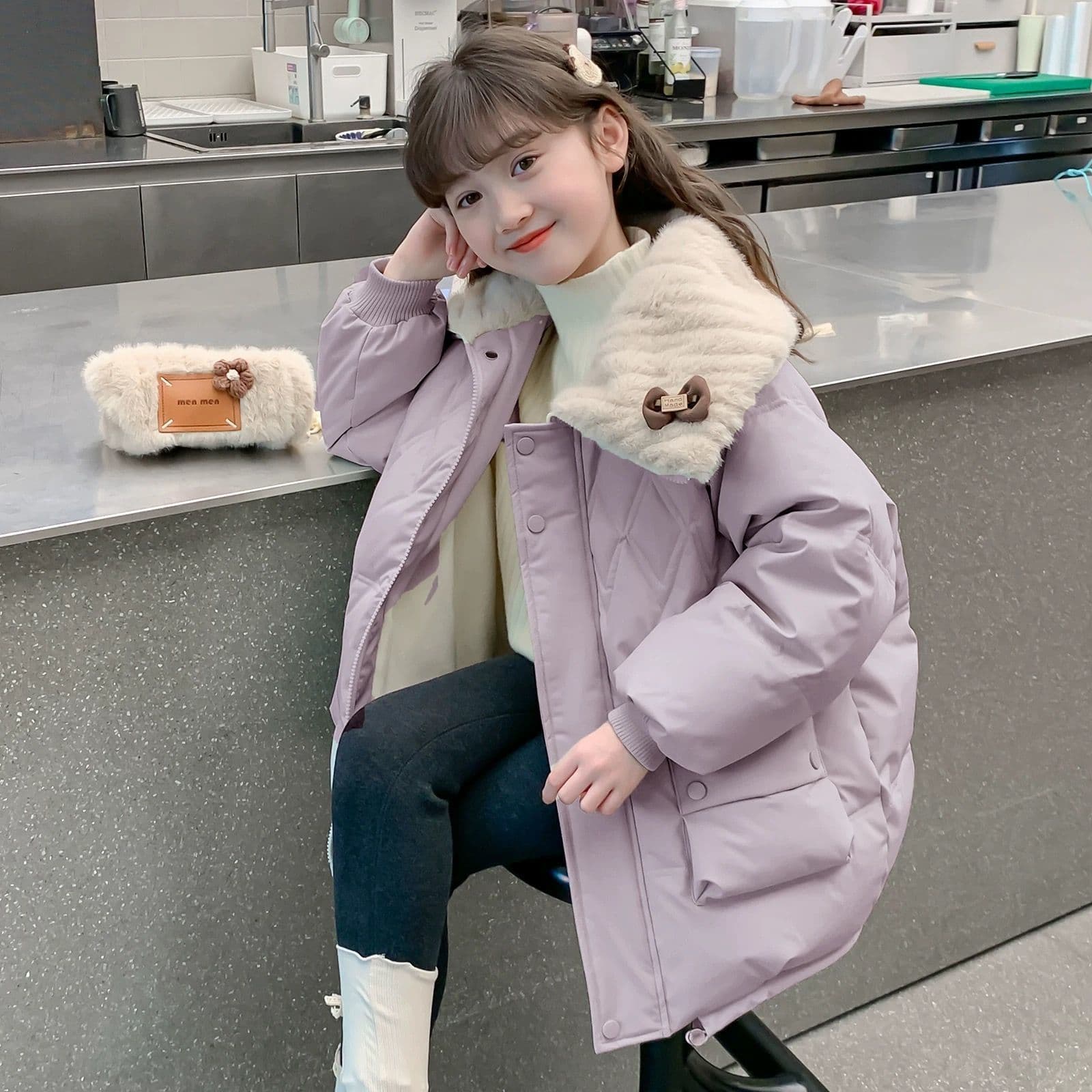 Girls Cotton Coat 2025 Winter New Fashionable Mid-Length Winter Cotton Jacket Warm Outerwear for Little Girls