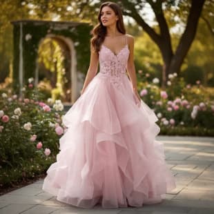 European and American Deep V Lace Strapless Pink Evening Dress Multi-Layer Ruffle Tulle Big Swing Dress Overseas Evening Adult Ceremony