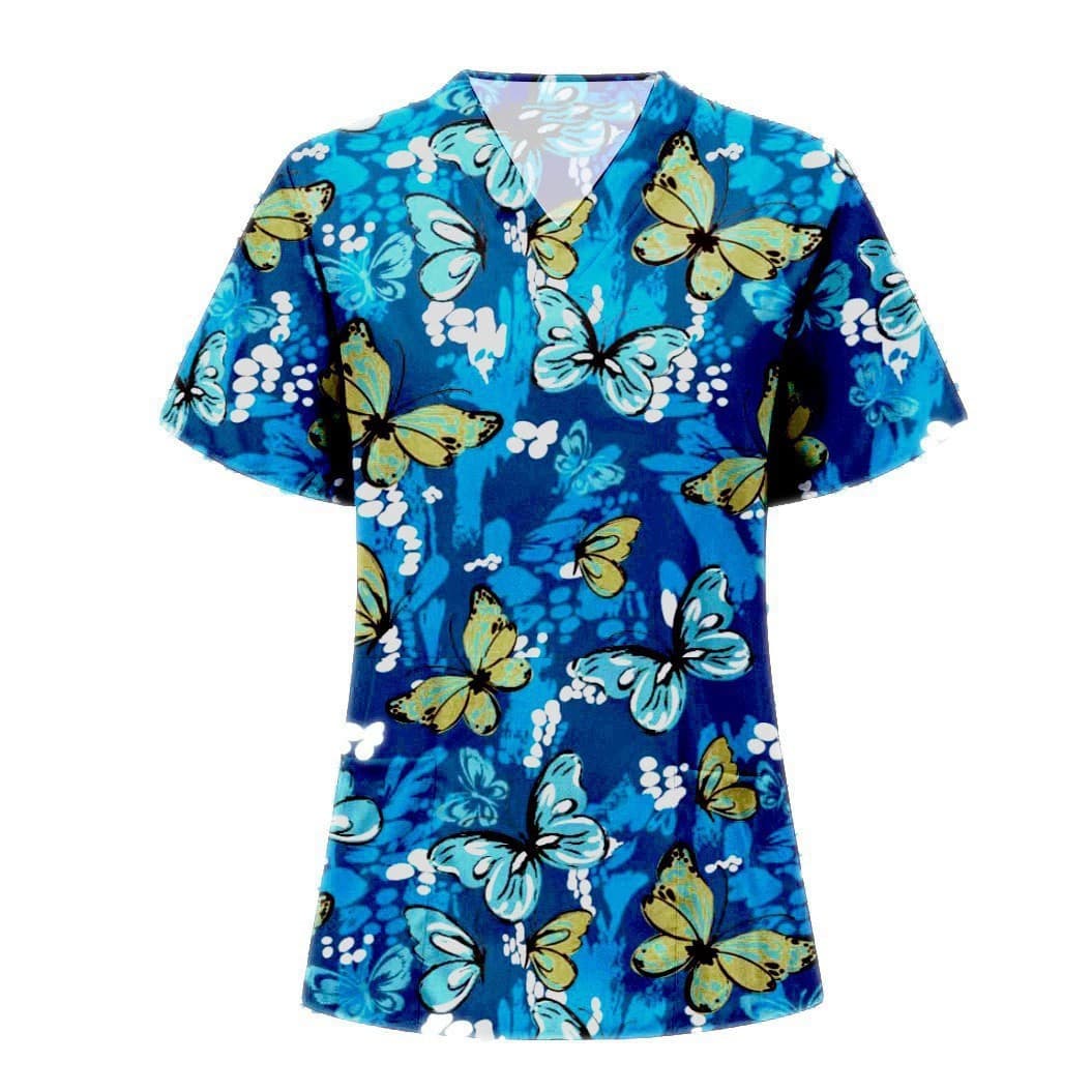 New European and American Women's Printed V-Neck Short Sleeve Pocket T-Shirt Top Nurse Uniform for Amazon Cross-Border Sales