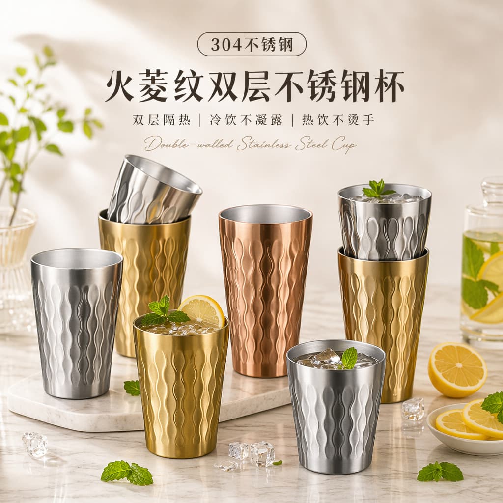 Amazon 304 Fire Diamond Pattern Hammered Stainless Steel Water Cup, Sanded Finish, Electrolytic Inner Layer, Double-Wall Rim, Beer Mug