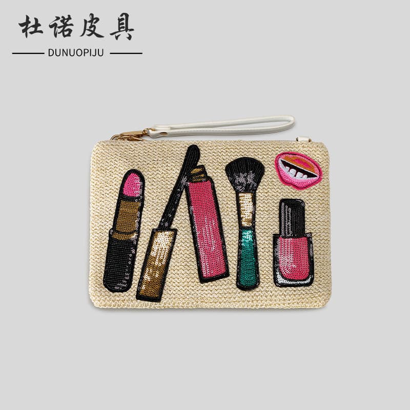 2025 New Cute Sequin Lipstick Straw Woven Bag Summer Beach Sandbag Women Smiling Face Chain Single Shoulder Bag Wallet