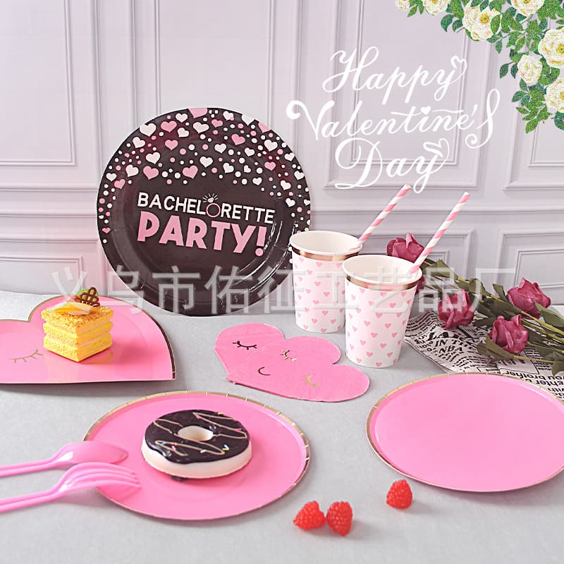 New Year Party Set Disposable Gold Foil Rose Red Heart Paper Plates Pizza Plates Paper Cups Napkins Tableware Set