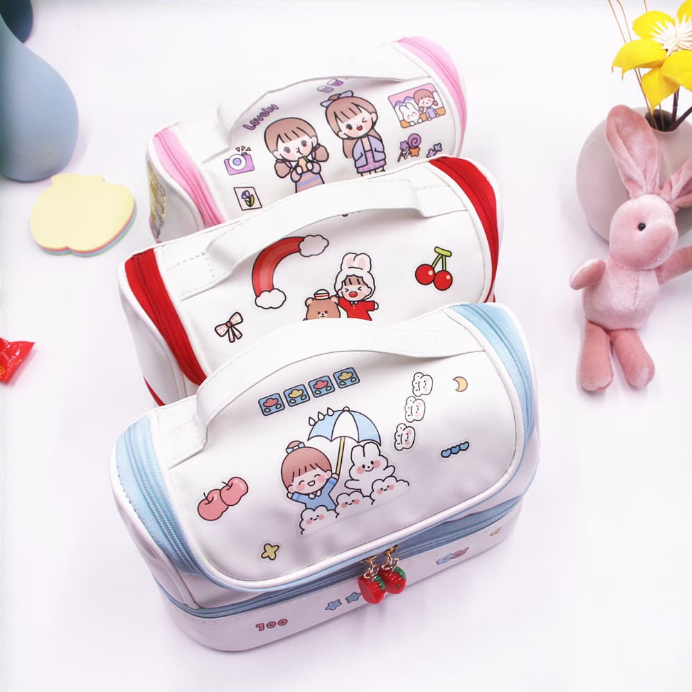 ins double-layer portable cosmetic bag student pencil bag large capacity storage bag multi-functional cosmetic storage bag box