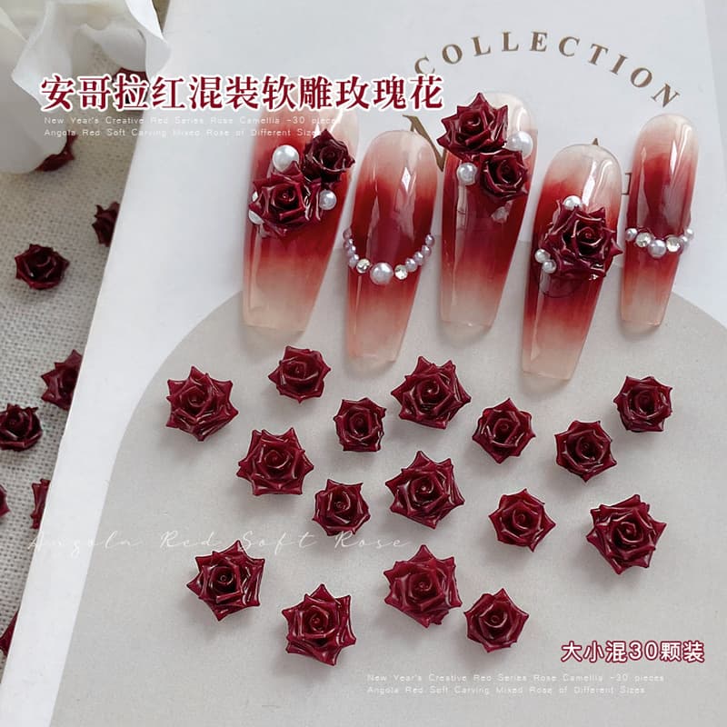 Nail Art Rose Decoration Flower Mixed Pack Wine Red Carved Gradient Wearable Nail Mini 3D Accessories